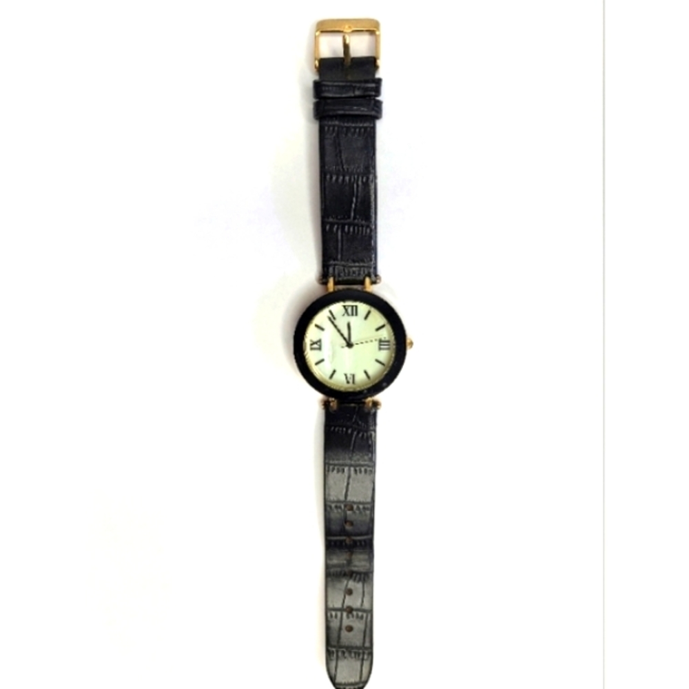 Mother of Pearl Black Leather Watch With Gold Fastenings and Brown Back